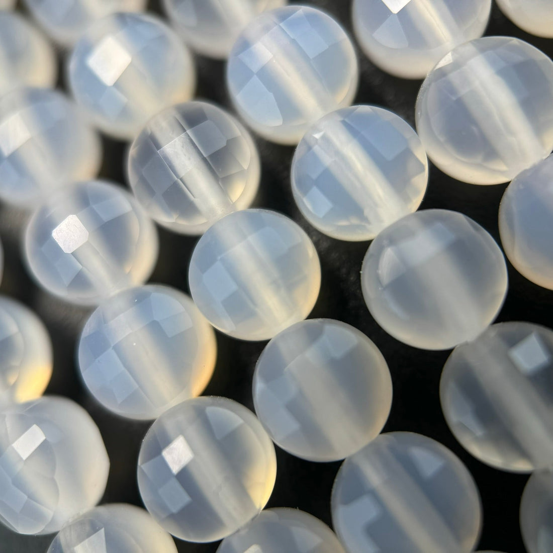white agate gemstone beads in lentil freeform shape and faceted finish - high quality for jewelry making