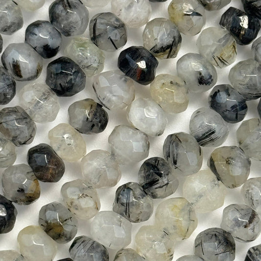 Black Tourmalinated Quartz Faceted Rondelle Beads