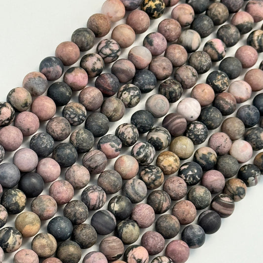 Dendritic Rhodonite Frosted Round Beads
