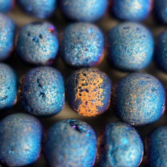 Titanium Plated Blue Druzy Quartz Round Beads