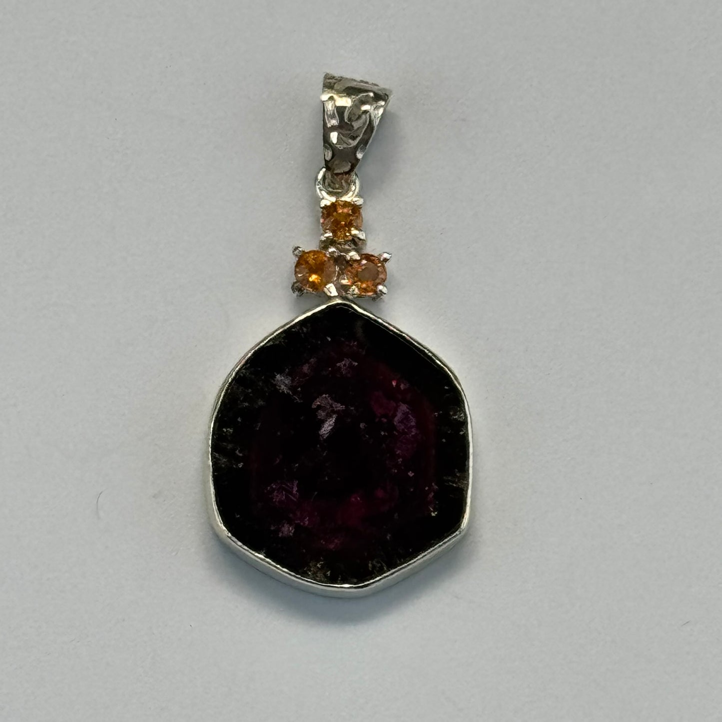 Watermelon Tourmaline with 3 Canadian hessonite garnet, set in sterling silver 925