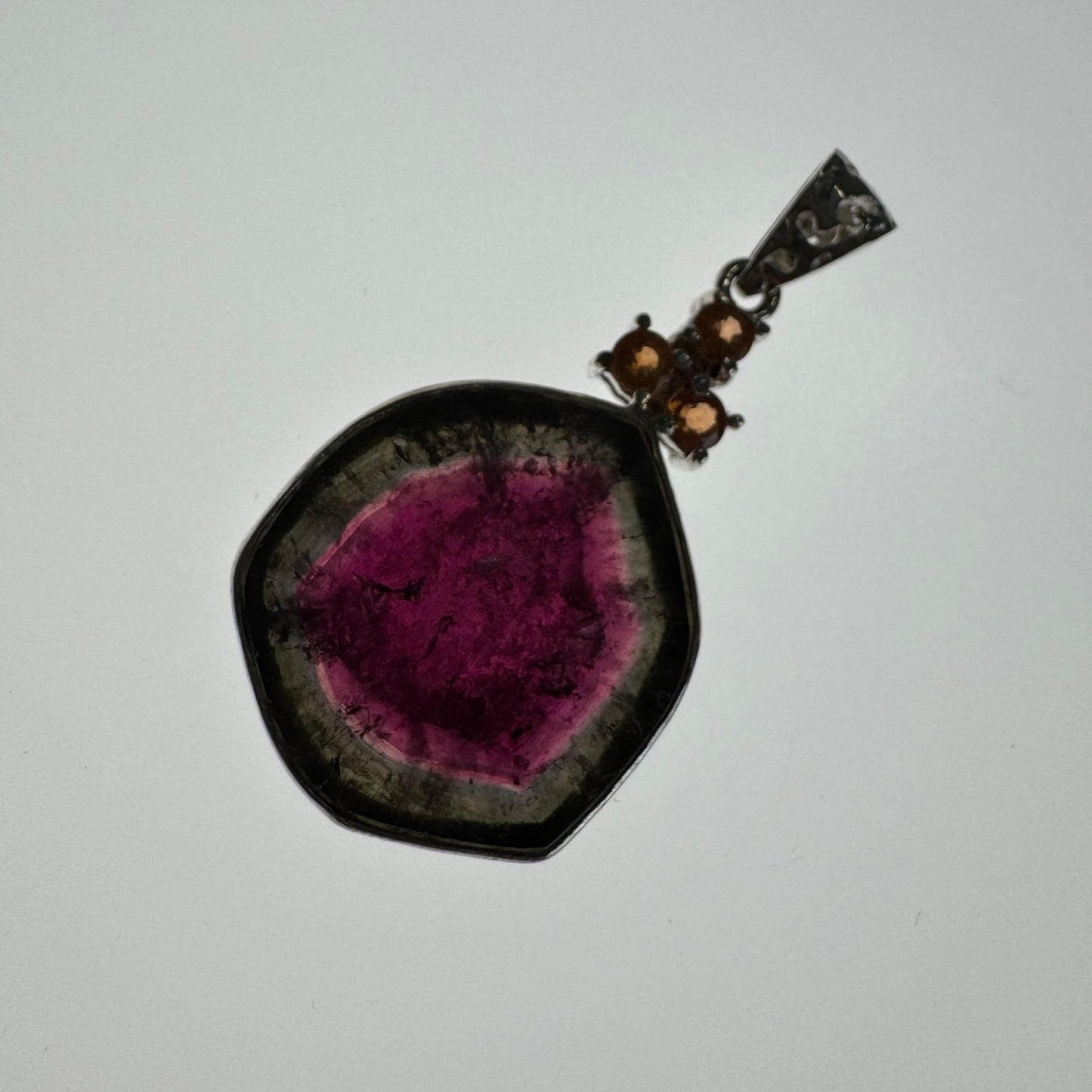 Watermelon Tourmaline with 3 Canadian hessonite garnet, set in sterling silver 925