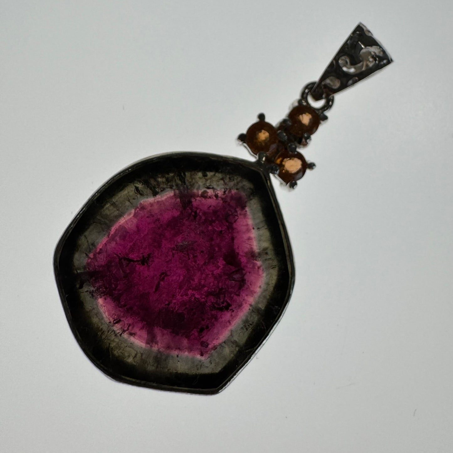 Watermelon Tourmaline with 3 Canadian hessonite garnet, set in sterling silver 925
