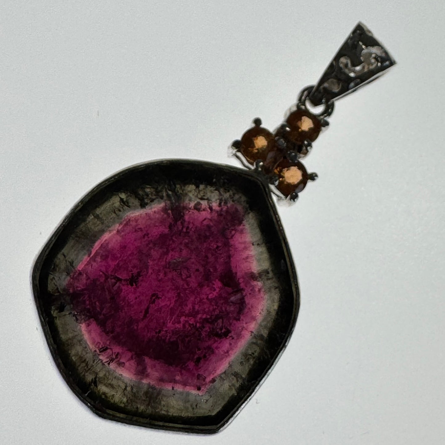 Watermelon Tourmaline with 3 Canadian hessonite garnet, set in sterling silver 925