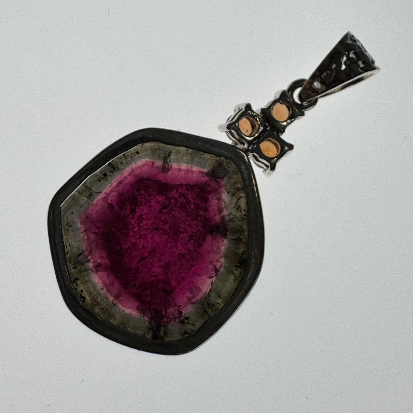 Watermelon Tourmaline with 3 Canadian hessonite garnet, set in sterling silver 925
