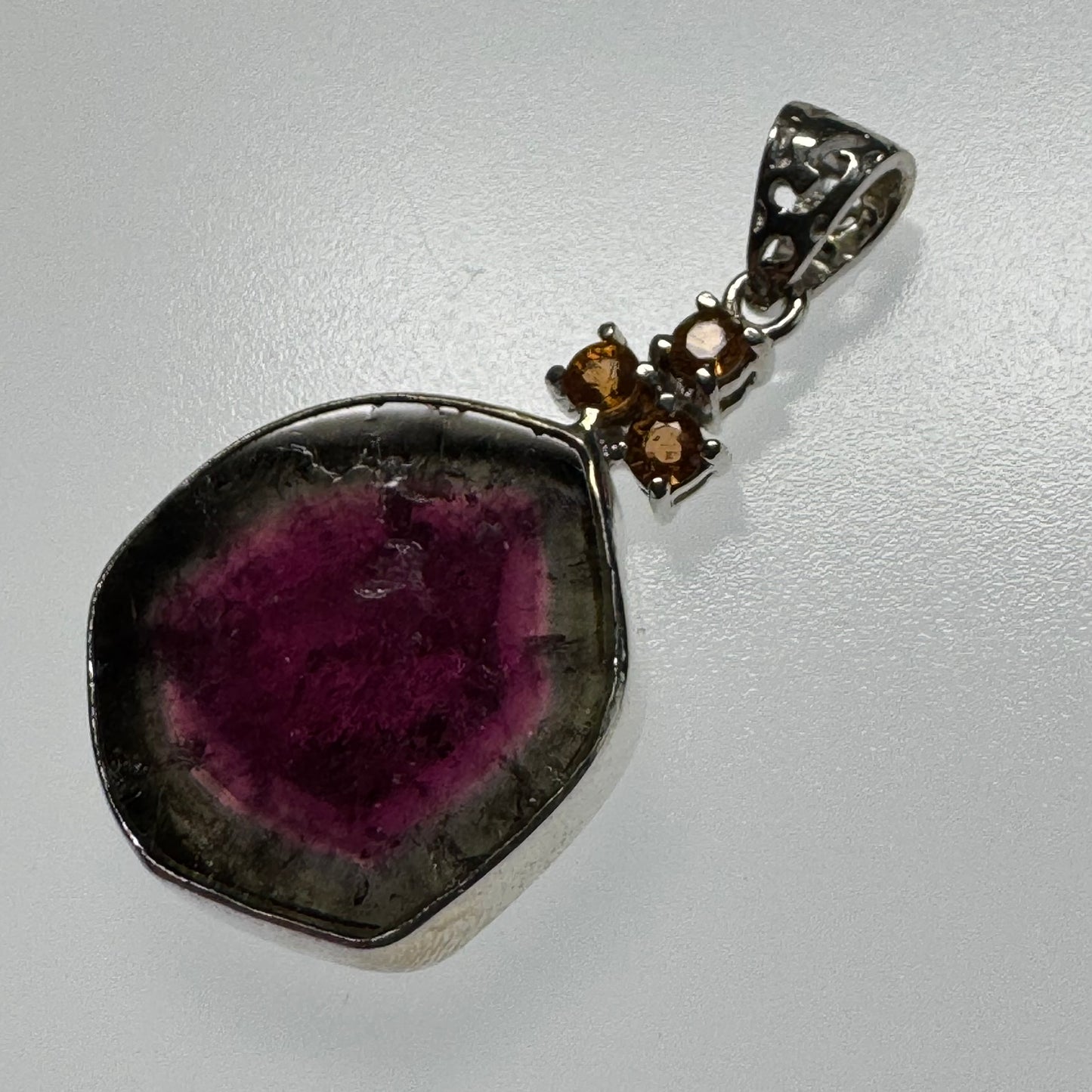 Watermelon Tourmaline with 3 Canadian hessonite garnet, set in sterling silver 925