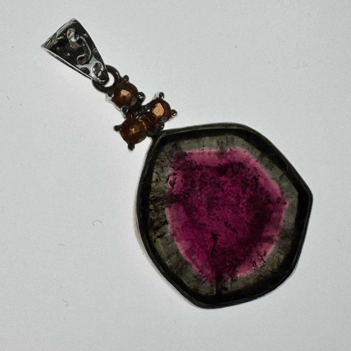 Watermelon Tourmaline with 3 Canadian hessonite garnet, set in sterling silver 925