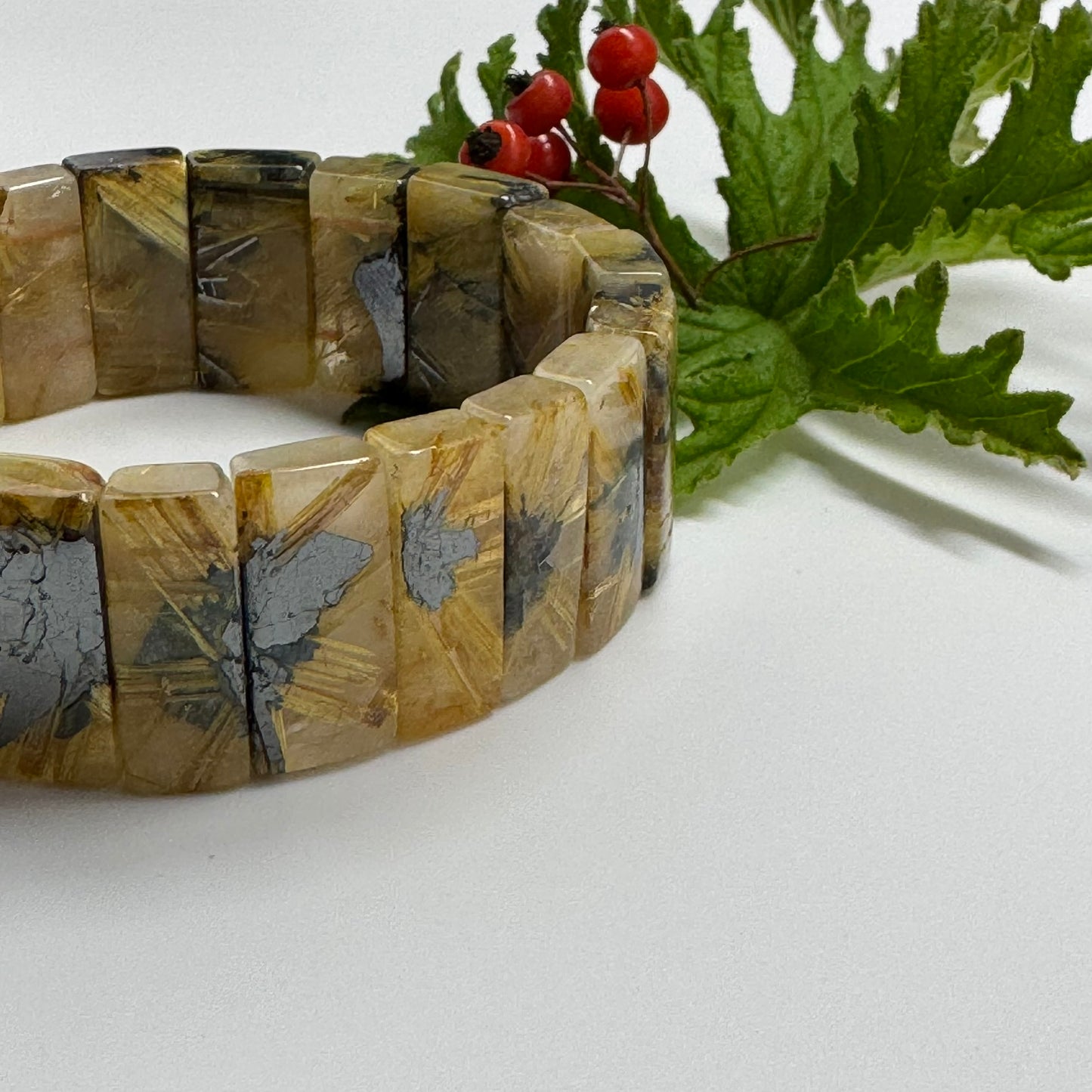 Bracelet: Golden Rutilated Quartz With Hematite Crystal Bangle Bracelet