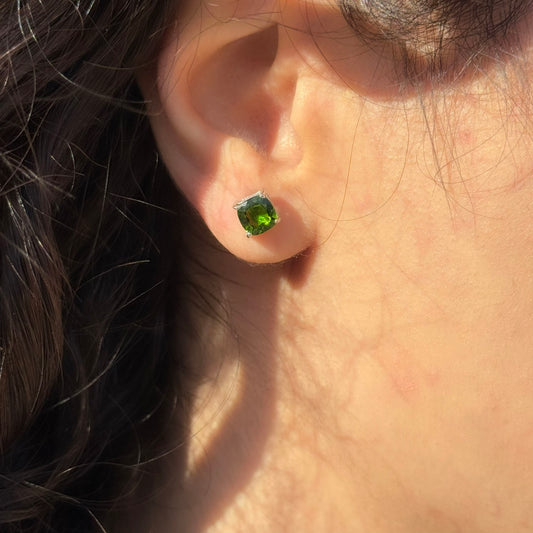 Handmade Cushion Cut Diopside Earrings in 925 Sterling Silver - Prong Set Style