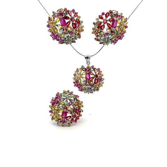 Ruby & Sapphire Jewelry Set – Handmade Natural Ruby & Sapphire Earrings, Pendant & Ring in 925 Sterling Silver, Rhodium Plated (Each Piece Also Sold Separately)