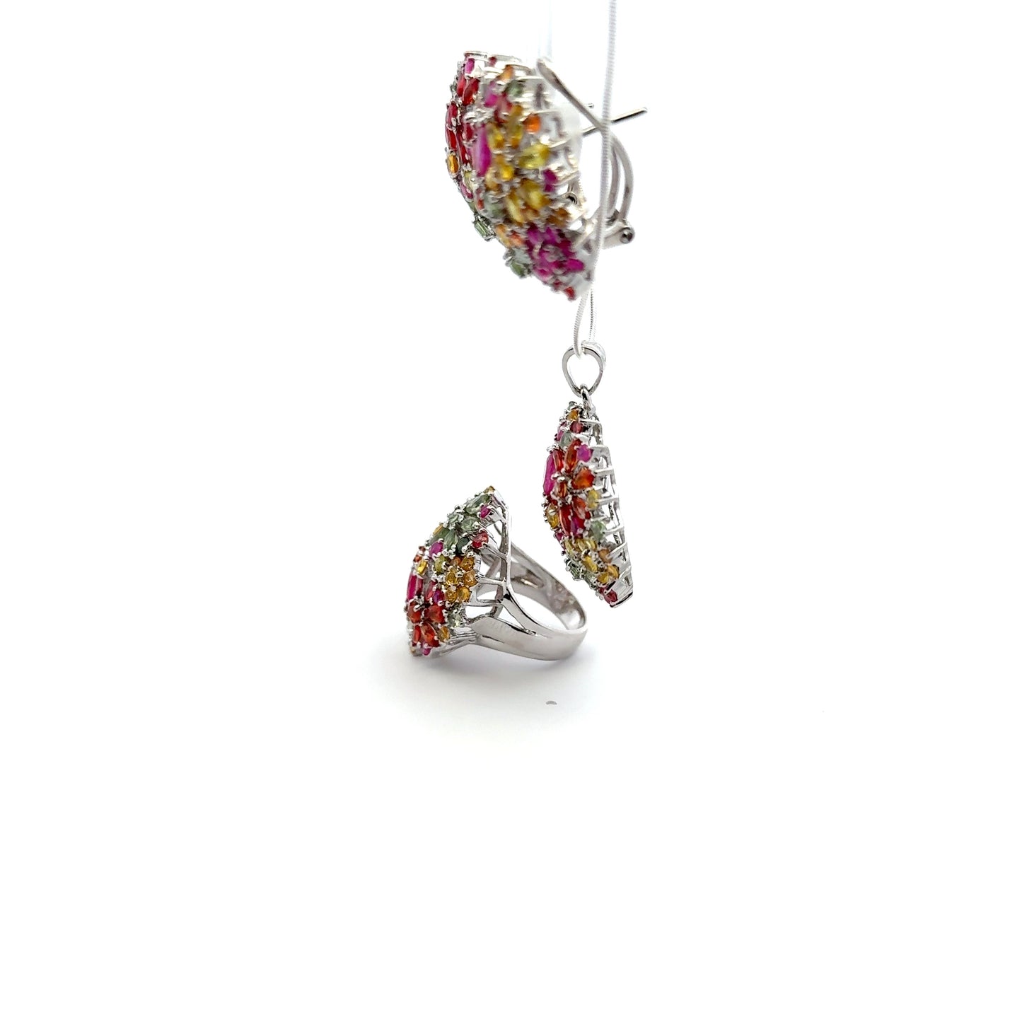 Ruby & Sapphire Jewelry Set – Handmade Natural Ruby & Sapphire Earrings, Pendant & Ring in 925 Sterling Silver, Rhodium Plated (Each Piece Also Sold Separately)