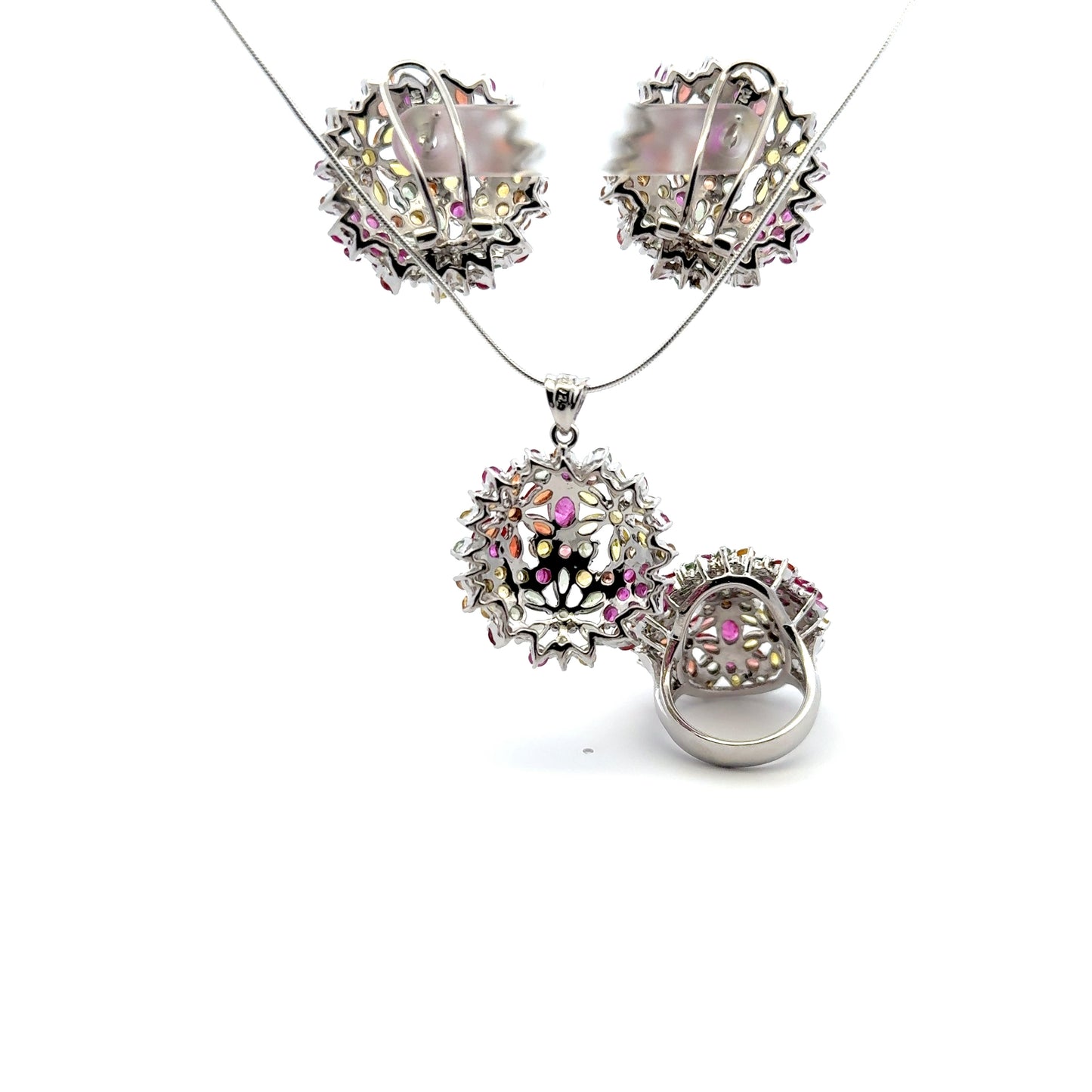 Ruby & Sapphire Jewelry Set – Handmade Natural Ruby & Sapphire Earrings, Pendant & Ring in 925 Sterling Silver, Rhodium Plated (Each Piece Also Sold Separately)