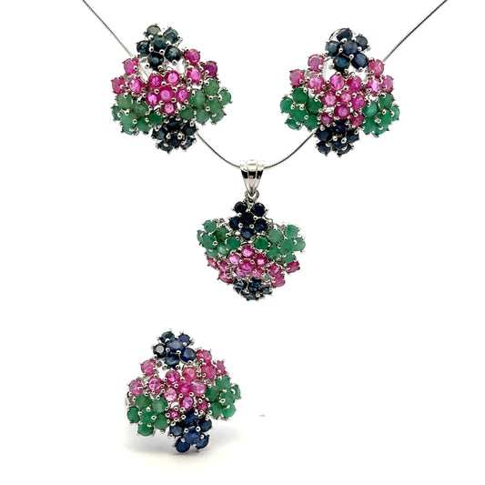 Ruby, Emerald & Sapphire Jewelry Set – Handmade Natural Ruby, Emerald & Sapphire Earrings, Pendant & Ring in 925 Sterling Silver, Rhodium Plated (Each Piece Also Sold Separately)
