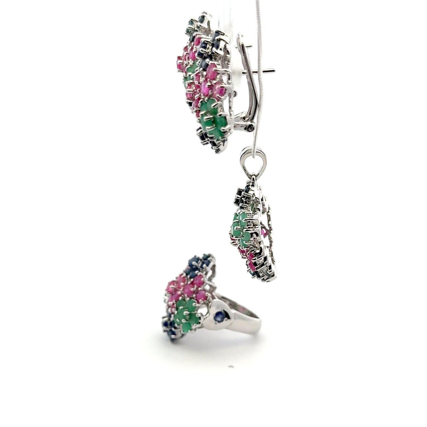 Ruby, Emerald & Sapphire Jewelry Set – Handmade Natural Ruby, Emerald & Sapphire Earrings, Pendant & Ring in 925 Sterling Silver, Rhodium Plated (Each Piece Also Sold Separately)