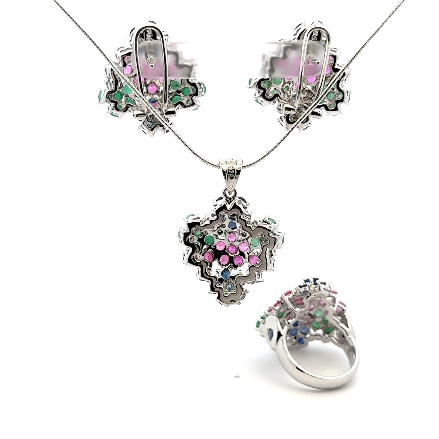 Ruby, Emerald & Sapphire Jewelry Set – Handmade Natural Ruby, Emerald & Sapphire Earrings, Pendant & Ring in 925 Sterling Silver, Rhodium Plated (Each Piece Also Sold Separately)