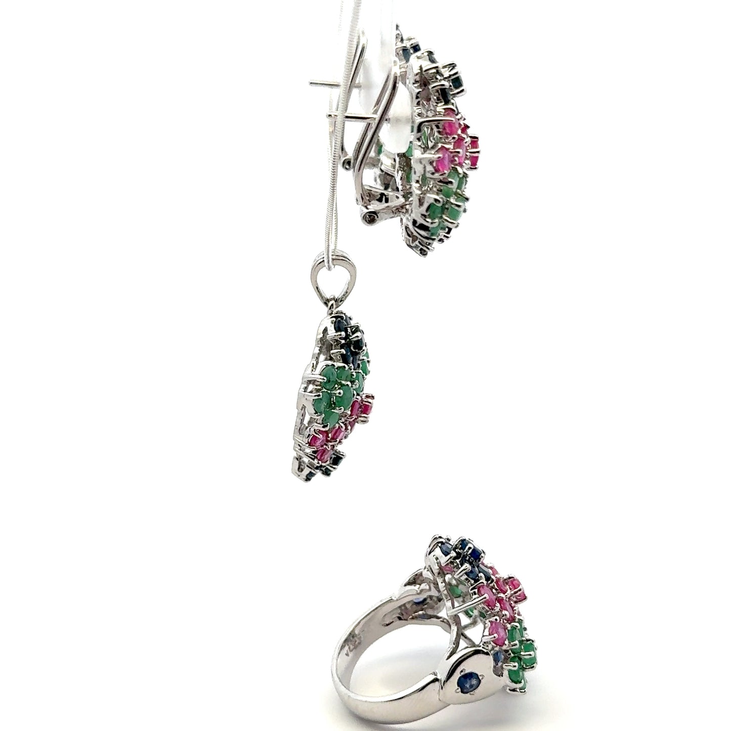 Ruby, Emerald & Sapphire Jewelry Set – Handmade Natural Ruby, Emerald & Sapphire Earrings, Pendant & Ring in 925 Sterling Silver, Rhodium Plated (Each Piece Also Sold Separately)
