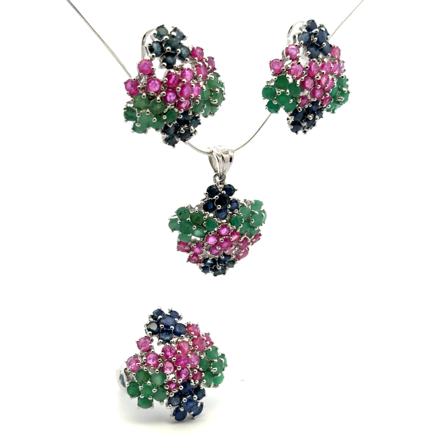 Ruby, Emerald & Sapphire Jewelry Set – Handmade Natural Ruby, Emerald & Sapphire Earrings, Pendant & Ring in 925 Sterling Silver, Rhodium Plated (Each Piece Also Sold Separately)
