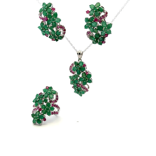 Ruby & Emerald Jewelry Set – Handmade Natural Ruby & Emerald Earrings, Pendant & Ring in 925 Sterling Silver, Rhodium Plated (Each Piece Also Sold Separately)