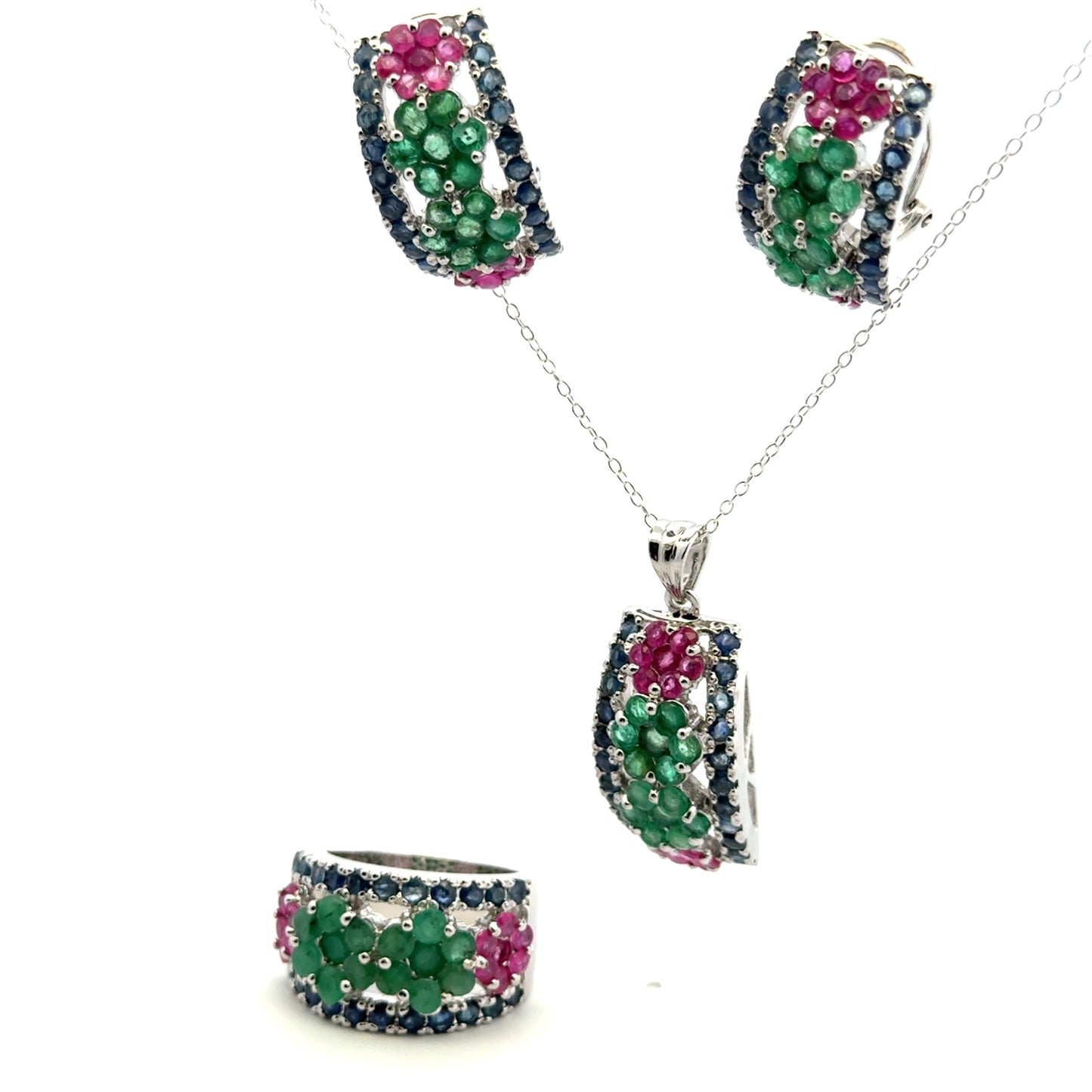 Ruby, Emerald & Sapphire Jewelry Set – Handmade Natural Ruby, Emerald & Sapphire Earrings, Pendant & Ring in 925 Sterling Silver, Rhodium Plated (Each Piece Also Sold Separately)