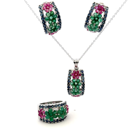 Ruby, Emerald & Sapphire Jewelry Set – Handmade Natural Ruby, Emerald & Sapphire Earrings, Pendant & Ring in 925 Sterling Silver, Rhodium Plated (Each Piece Also Sold Separately)