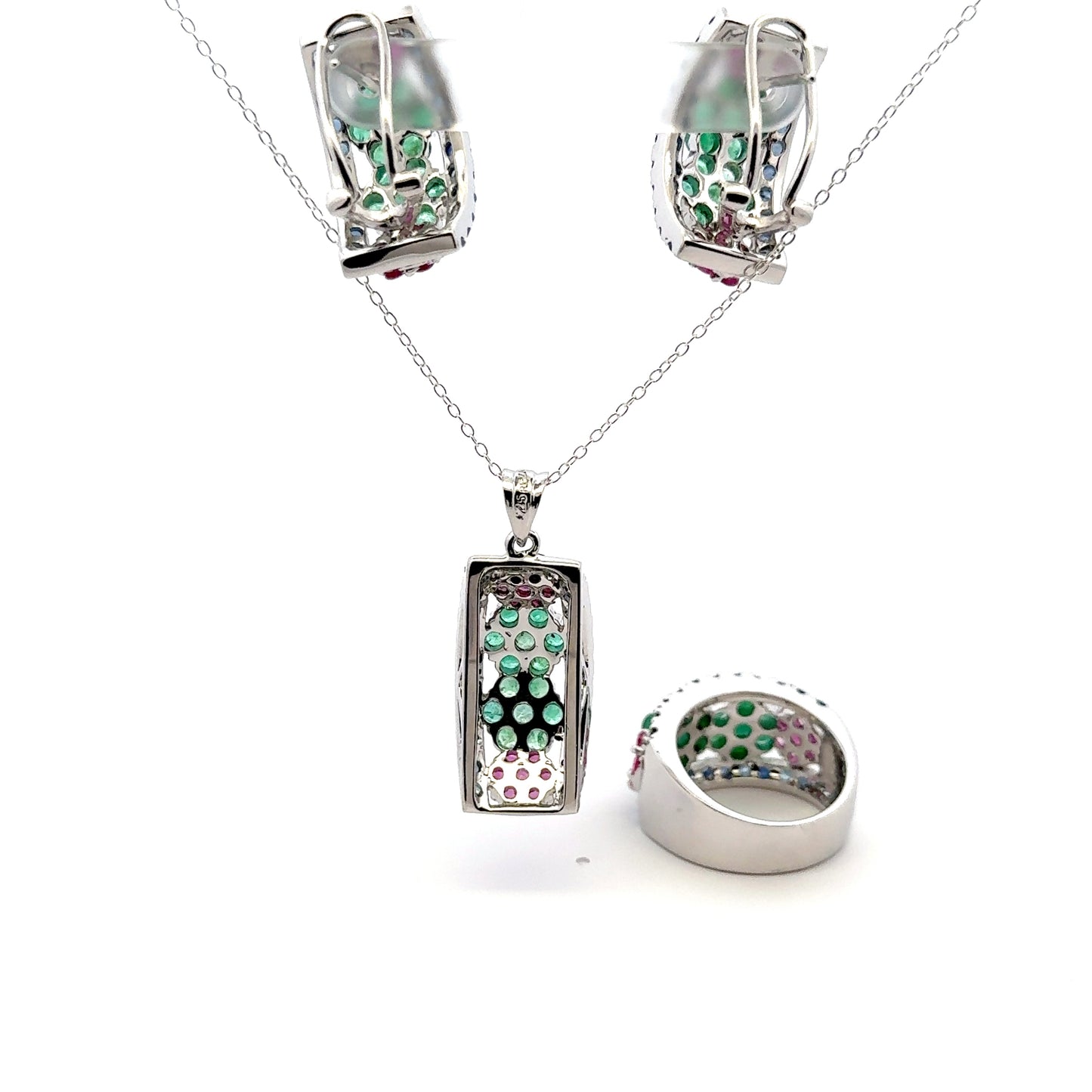 Ruby, Emerald & Sapphire Jewelry Set – Handmade Natural Ruby, Emerald & Sapphire Earrings, Pendant & Ring in 925 Sterling Silver, Rhodium Plated (Each Piece Also Sold Separately)