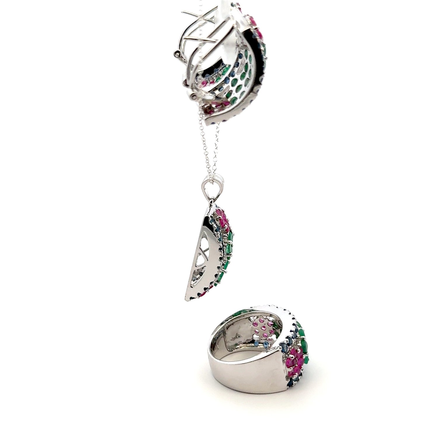 Ruby, Emerald & Sapphire Jewelry Set – Handmade Natural Ruby, Emerald & Sapphire Earrings, Pendant & Ring in 925 Sterling Silver, Rhodium Plated (Each Piece Also Sold Separately)