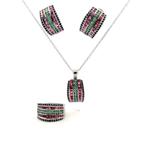 Jewelry Set: Ruby, Sapphire & Emerald (Earrings, Pendant, & Ring)