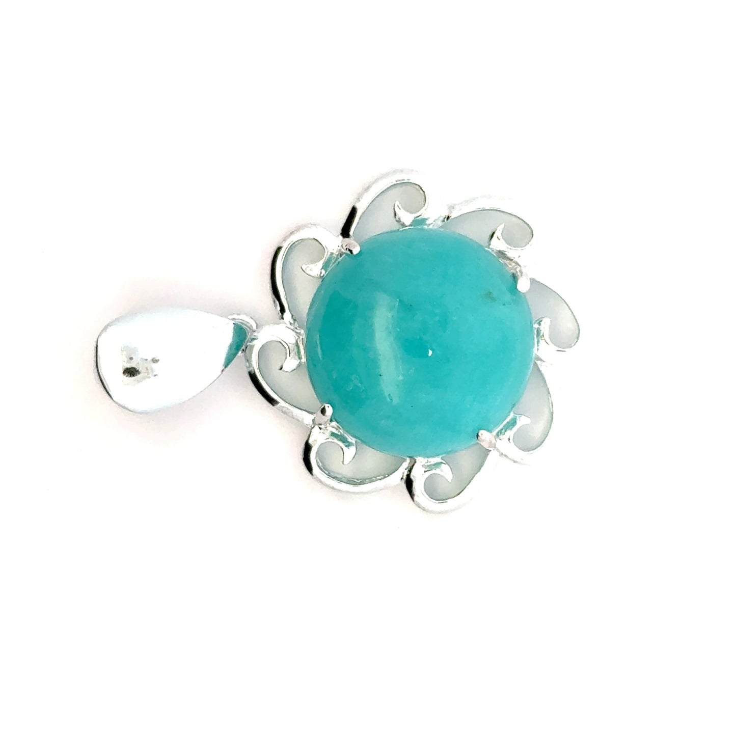 Peruvian AAAA Amazonite Pendant – 925 Sterling Silver with Round Stones & Rays of the Sun Holder