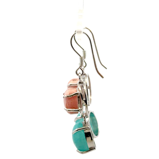 Amazonite Earrings – 925 Sterling Silver with Round Amazonite & Oval Rhodochrosite