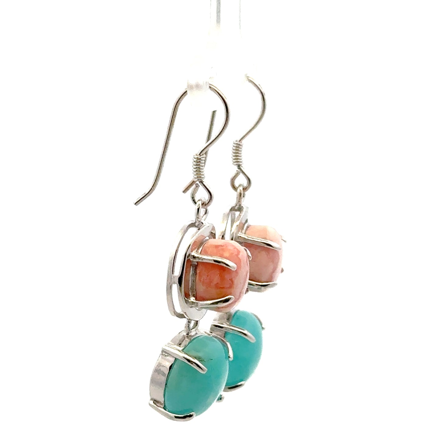 Amazonite Earrings – 925 Sterling Silver with Round Amazonite & Oval Rhodochrosite
