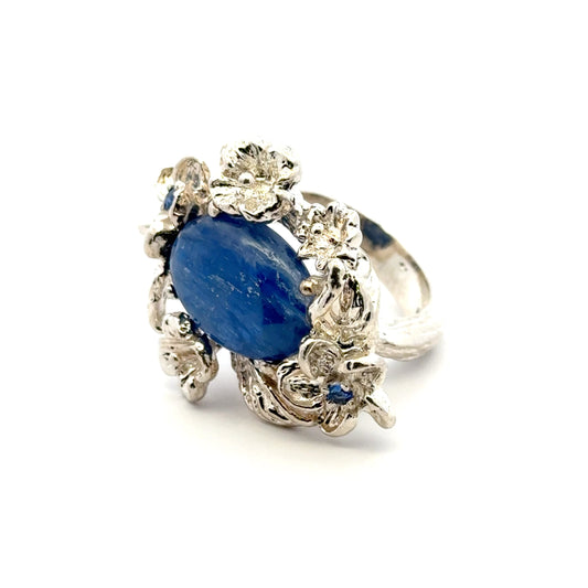 Kyanite Ring with Small Sapphires – handmade 925 Sterling Silver Flower Design