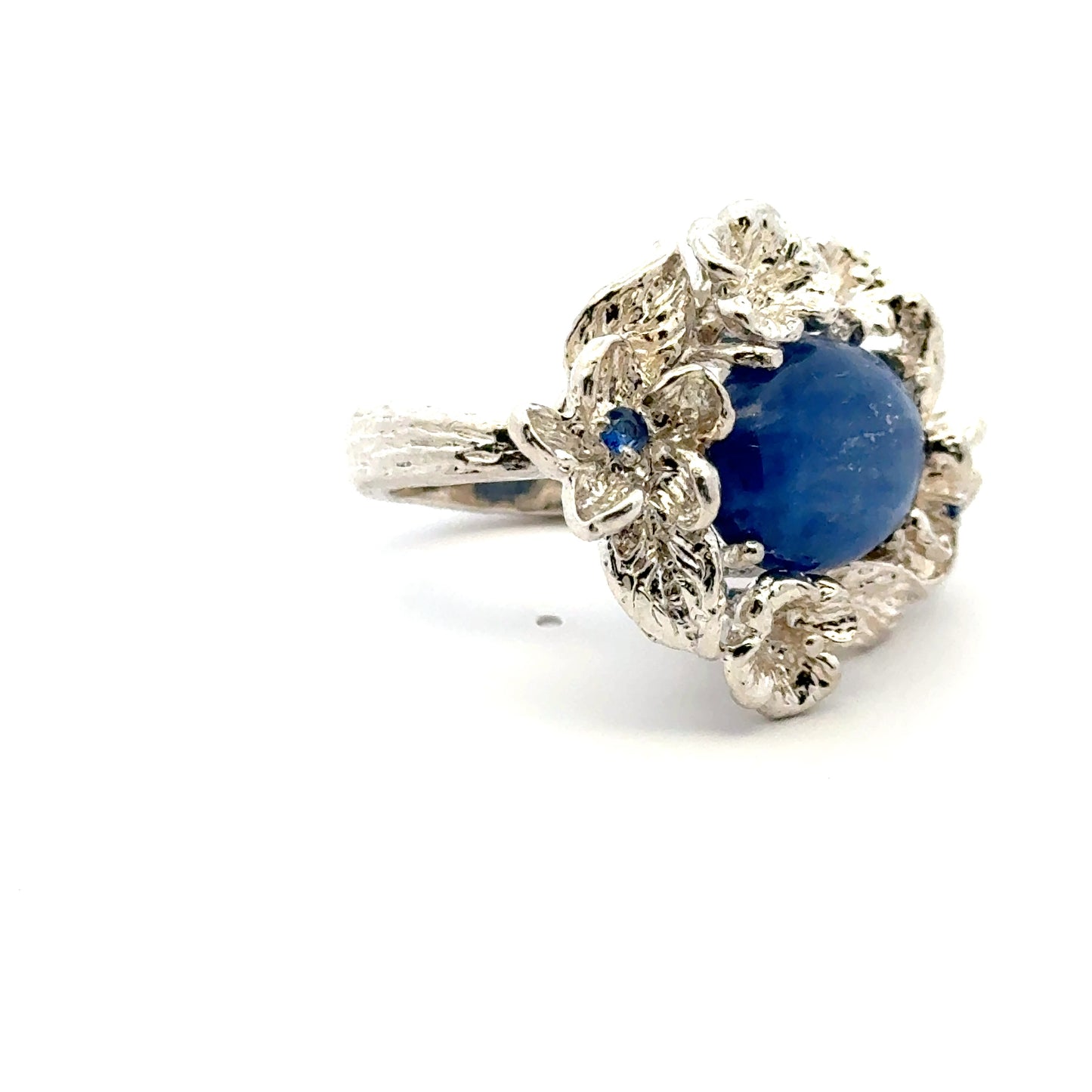 Kyanite Ring with Small Sapphires – handmade 925 Sterling Silver Flower Design