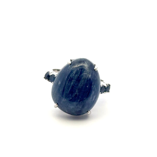 Simple Prong Kyanite Ring with Two Sapphires – Handmade 925 Sterling Silver Design