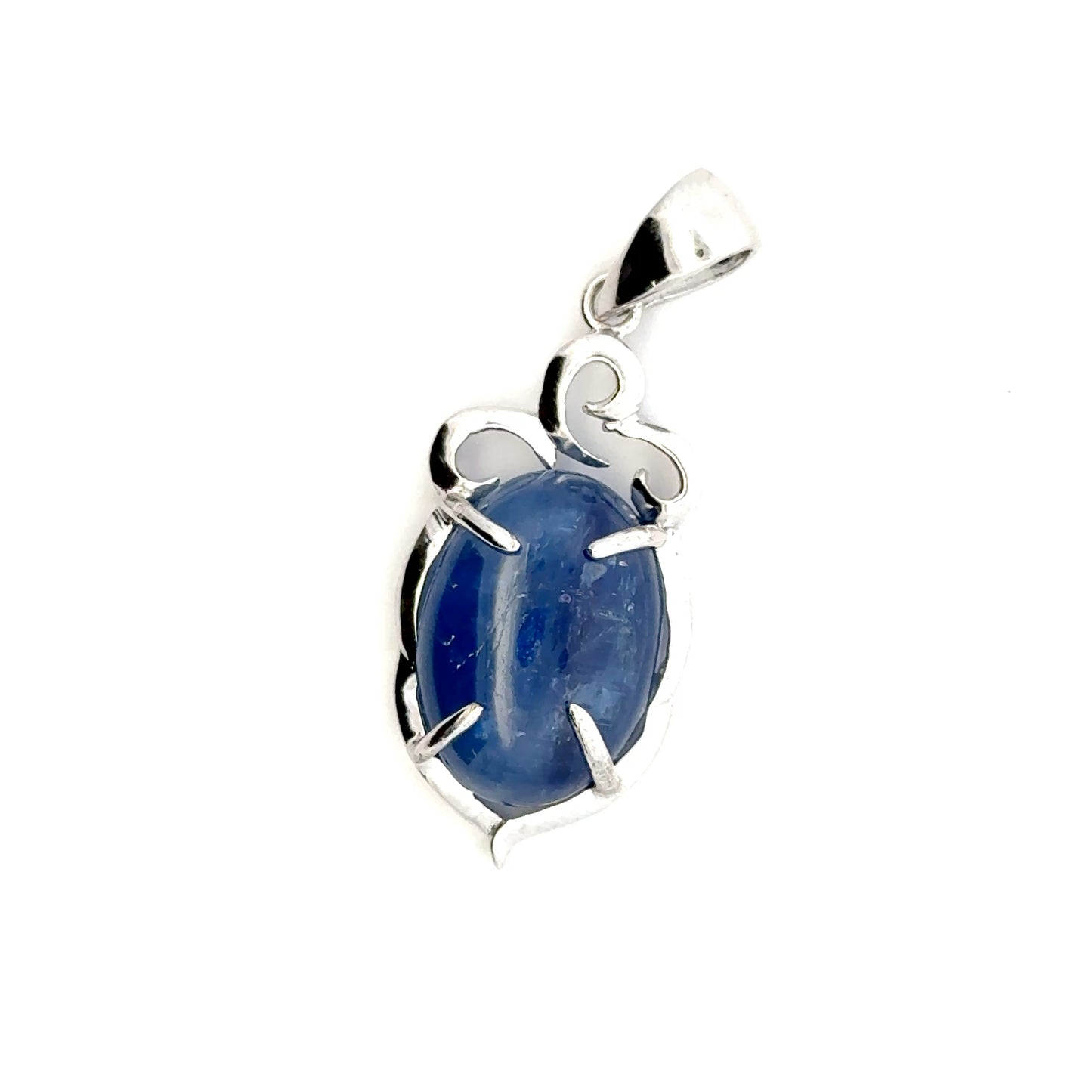 Oval-shaped Kyanite Pendant with Flower Top – Handmade 925 Sterling Silver Design