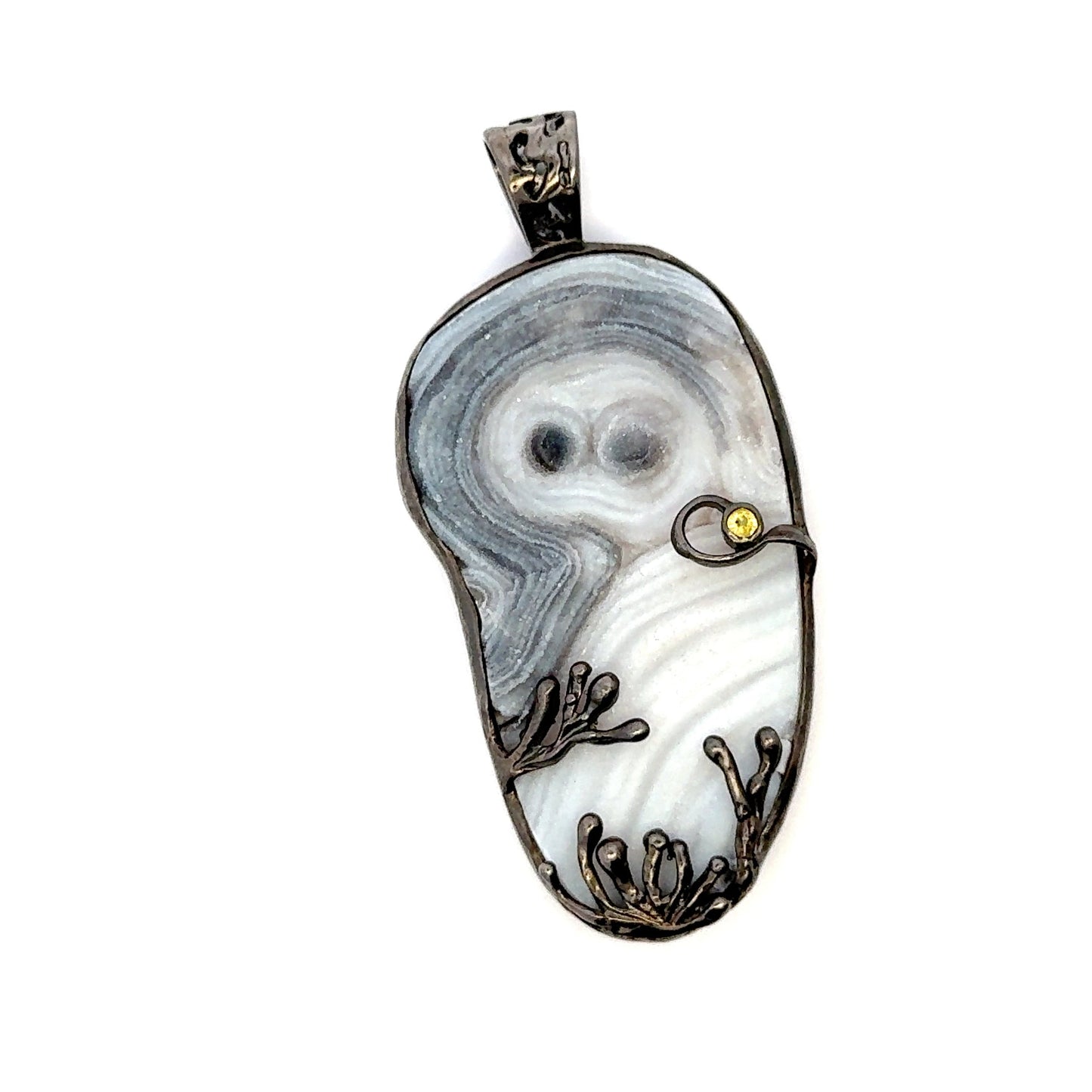 Druzy Chalcedony Quartz Coral Reef Black Rhodium Pendant with Yellow Sapphire