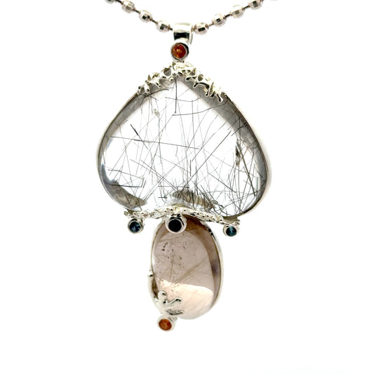 Rutilated Quartz Coral Reef Pendant with Blue & Orange Sapphire,Quartz & Citrine