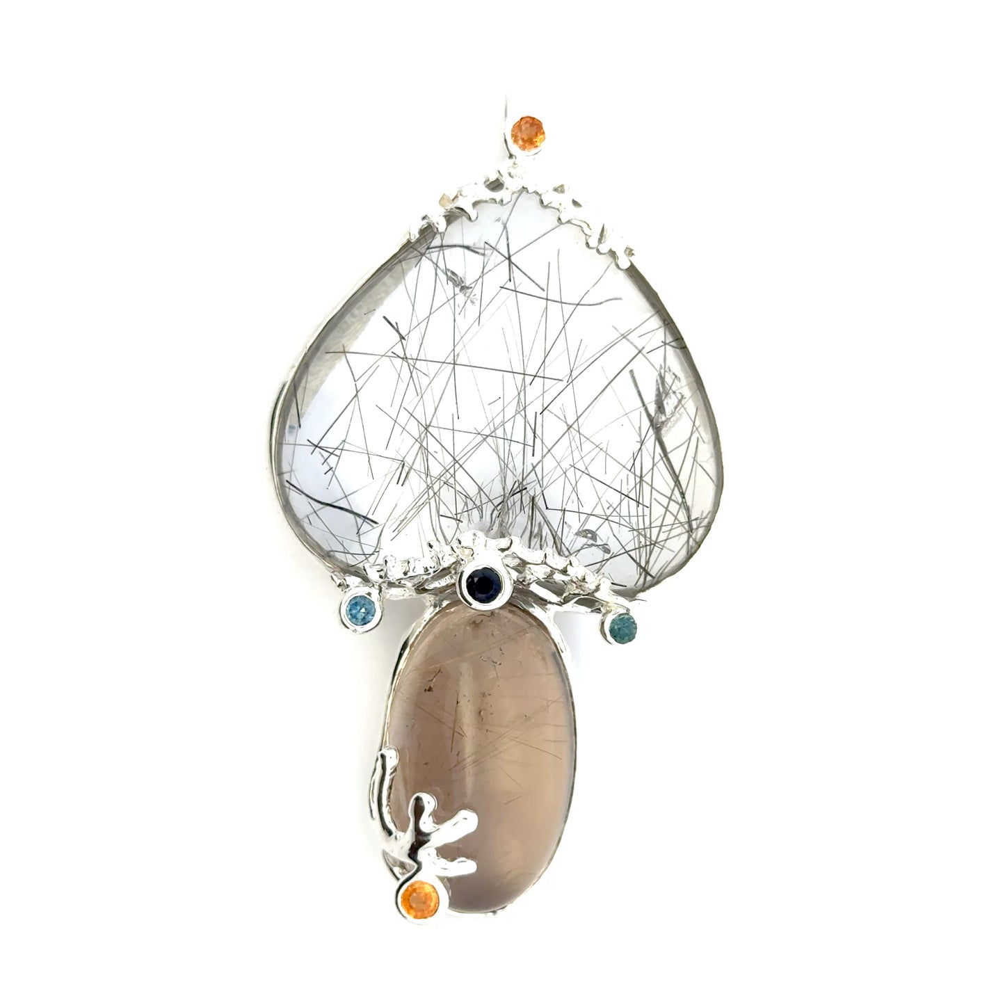 Rutilated Quartz Coral Reef Pendant with Blue & Orange Sapphire,Quartz & Citrine