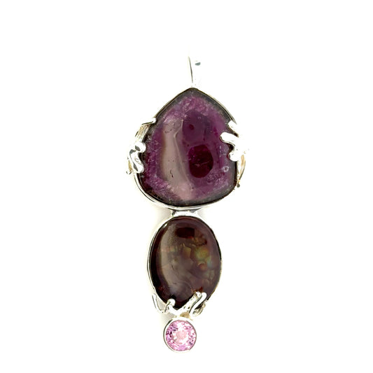 Triple Gemstone Pendant: Watermelon Tourmaline, Mexican Fire Agate & Pink Spinel