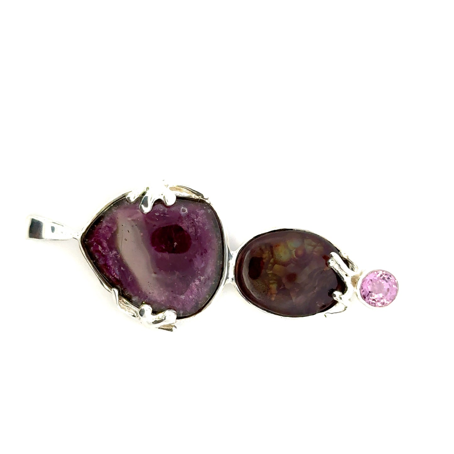 Triple Gemstone Pendant: Watermelon Tourmaline, Mexican Fire Agate & Pink Spinel