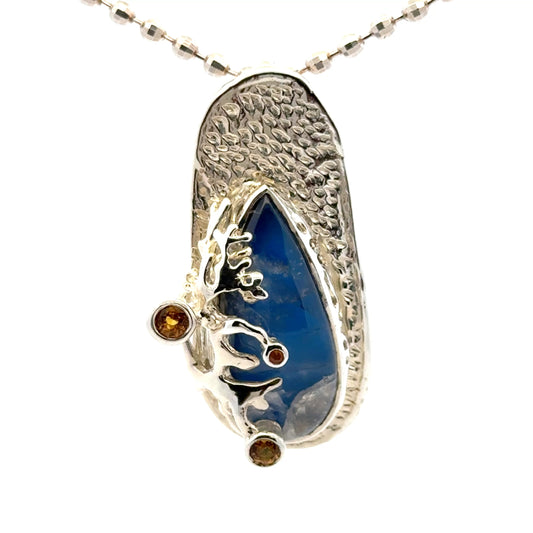 Rainbow Moonstone Coral Reef Pendant with Three Yellow Sapphires