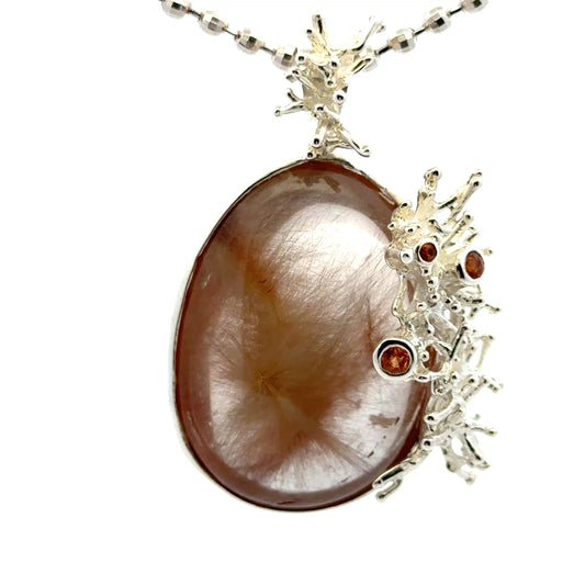 Golden Rutilated Quartz Coral Reef Pendant with Three Yellow Sapphires