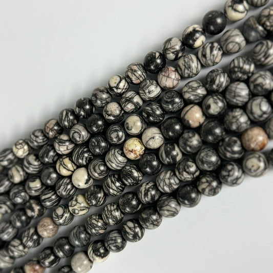 Jasper Black Network Polished Round Beads (AA Quality)