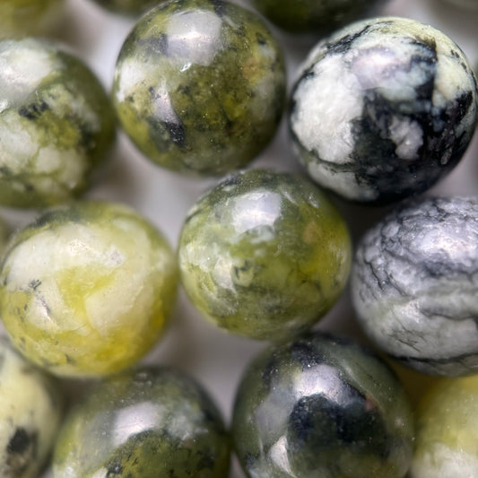 Dendritic Green Serpentine Polished Round Beads