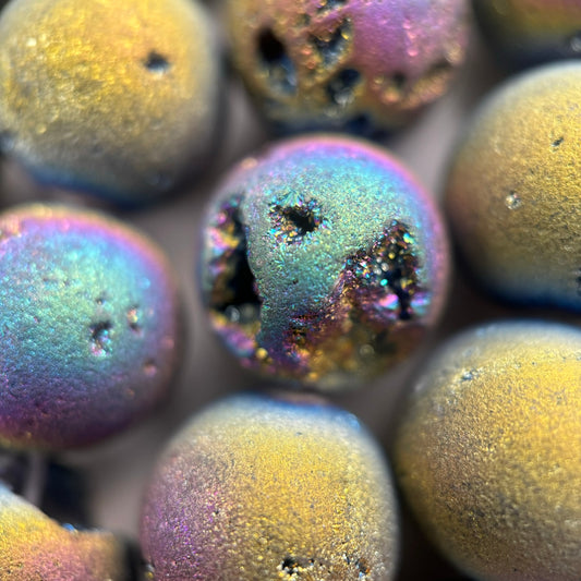 Rainbow Titanium Plated Aura Druzy Round Quartz Beads