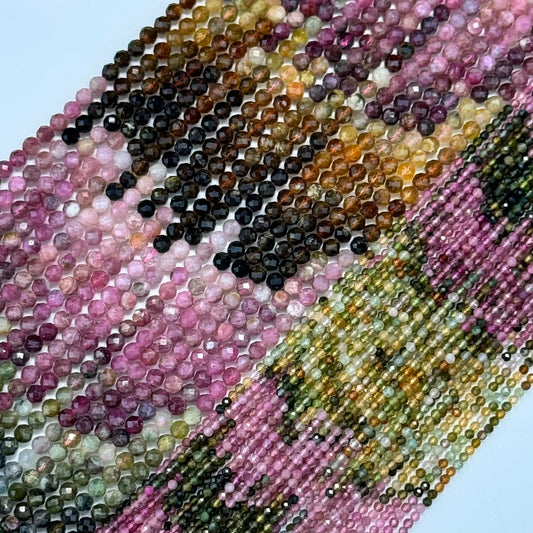 Multicolor pink and green tourmaline faceted round gemstone beads