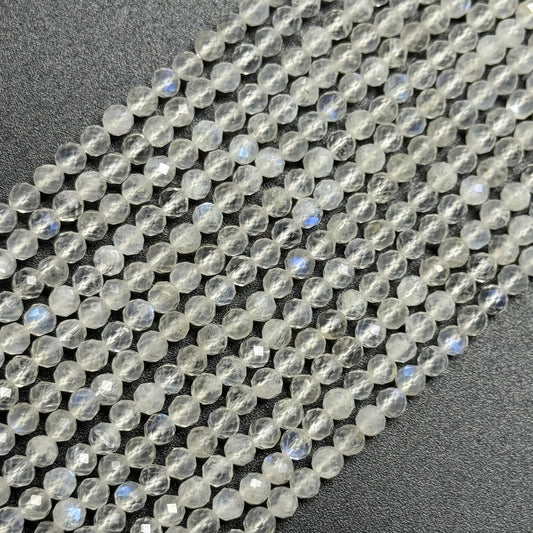 AAAA quality rainbow moonstone faceted round gemstone beads displaying natural blue adularescence