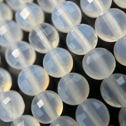 white agate gemstone beads in lentil freeform shape and faceted finish - high quality for jewelry making