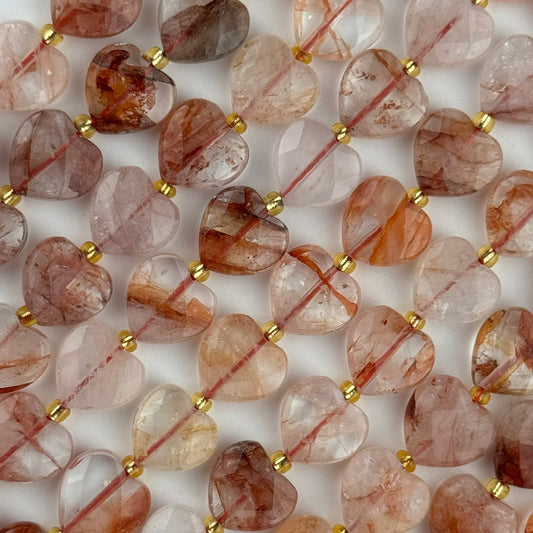 Faceted Hematoid quartz heart shape beads with natural inclusions for jewelry making