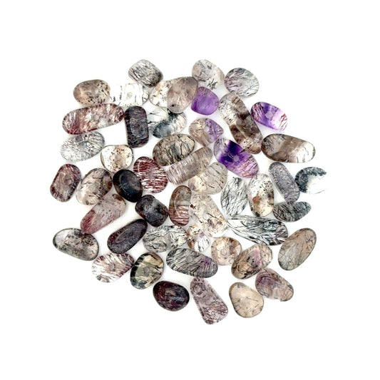 Natural Sacred Seven crystal showing inclusions of amethyst, citrine, smoky quartz, rutile, cacoxenite, goethite, and lepidocrocite.