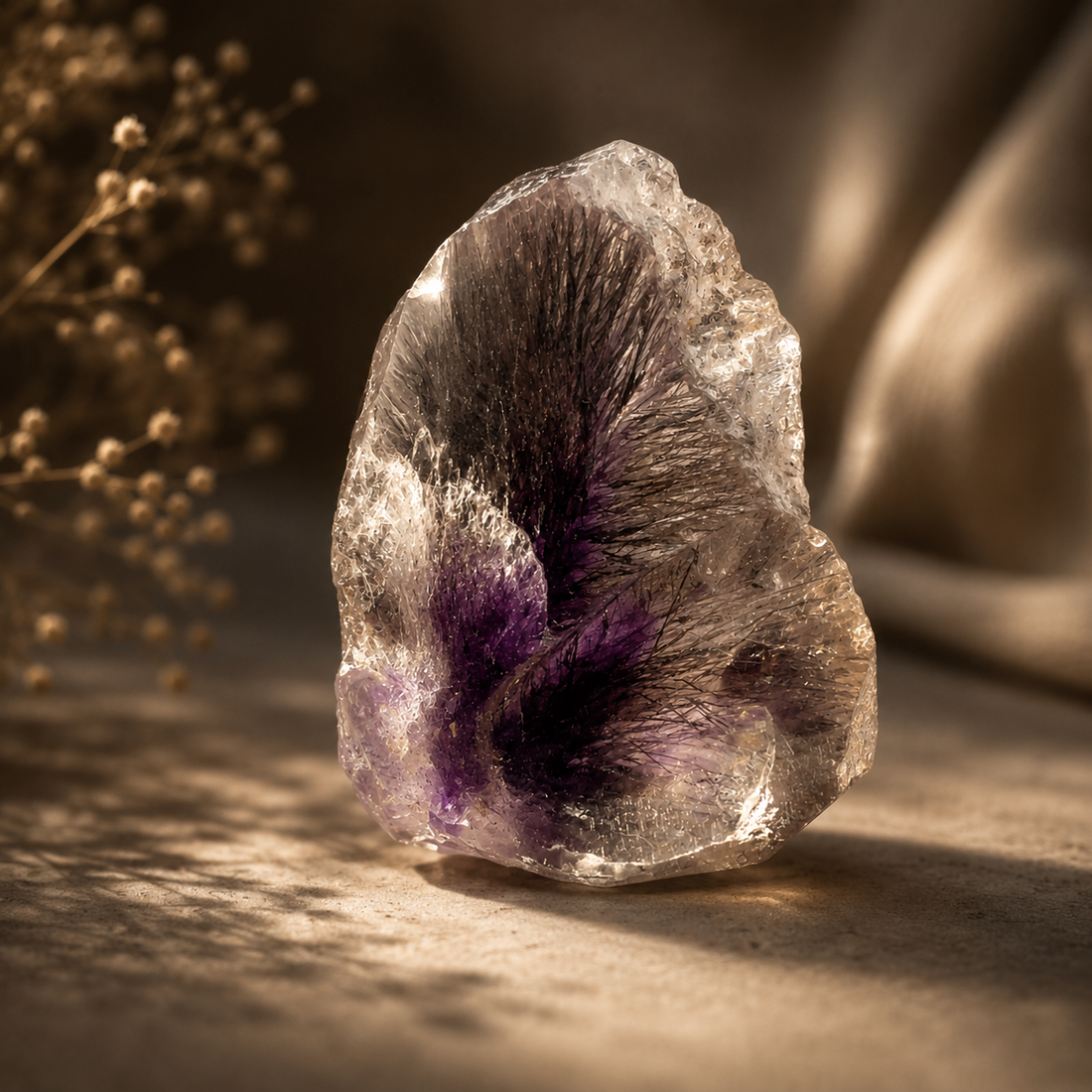 Sacred Seven Quartz gemstone beads displaying natural amethyst, smoky quartz, and mineral inclusions
